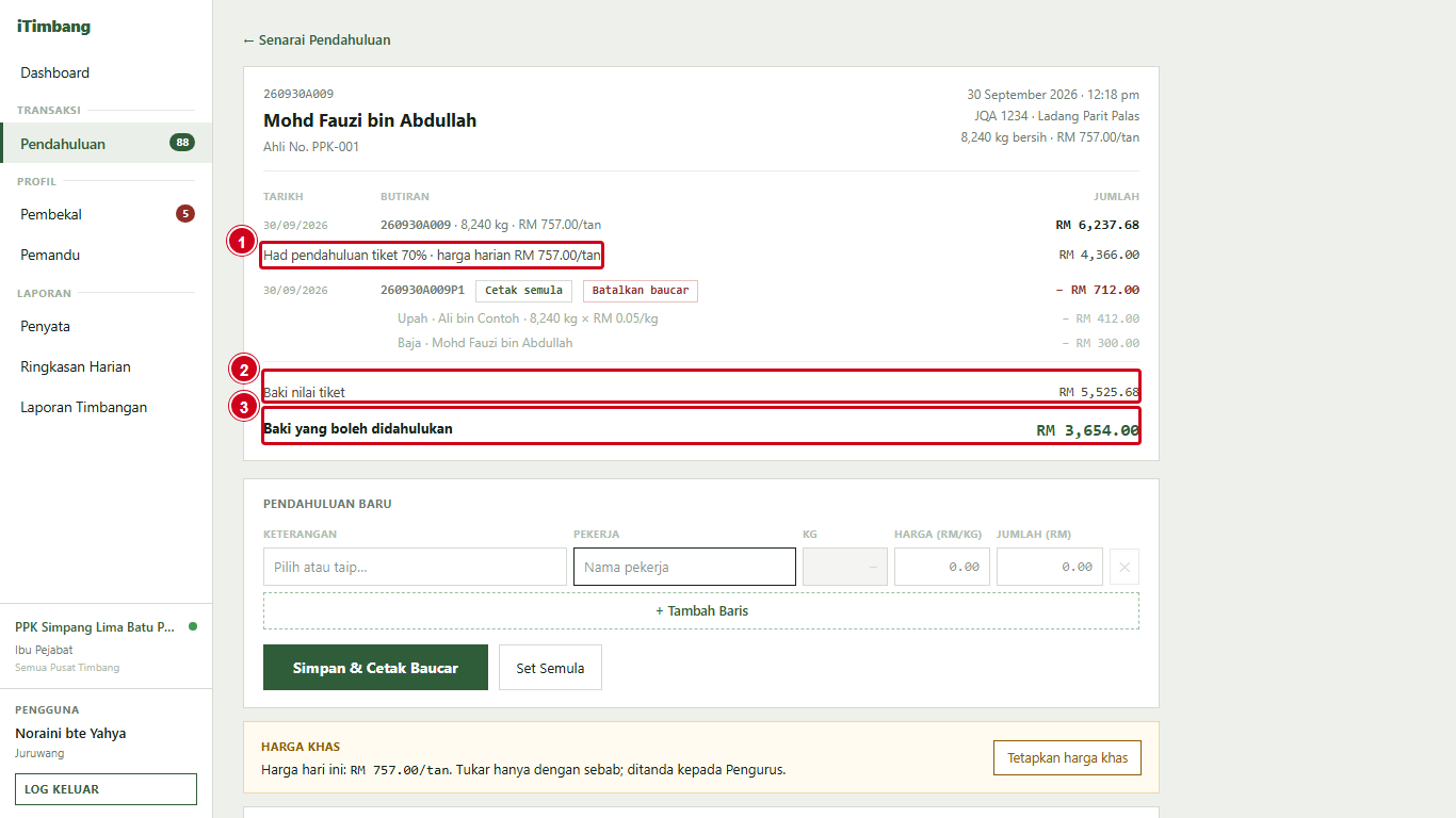 Ringkasan tiket dengan had pendahuluan, baki nilai tiket dan baki yang boleh didahulukan