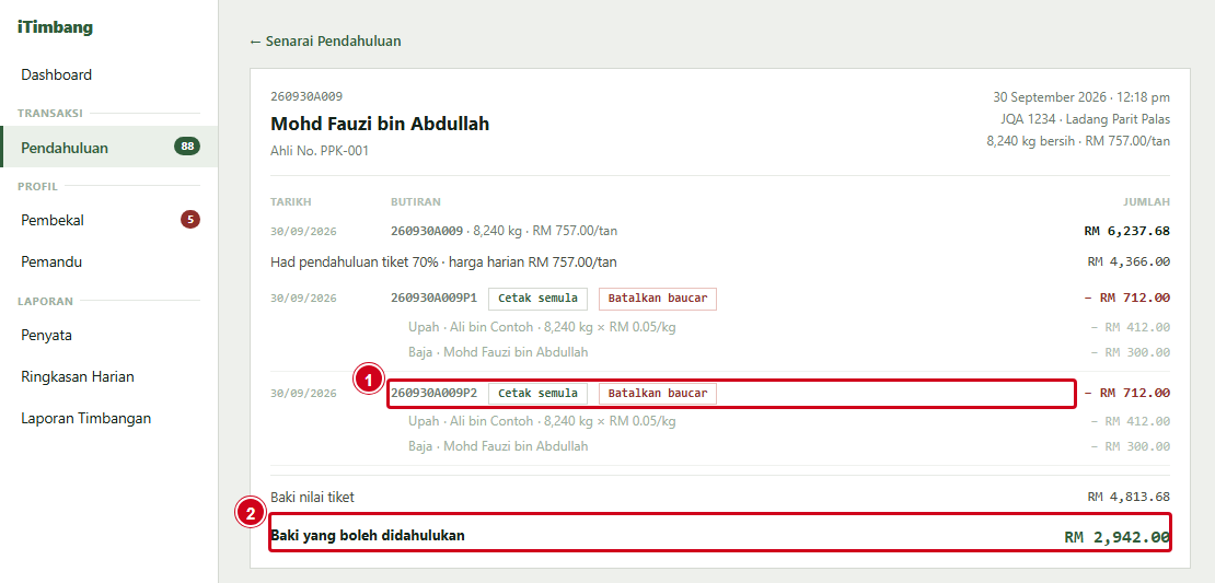 Tiket dengan dua baucar, P1 dan P2, masing-masing dengan butang Cetak semula dan Batalkan baucar