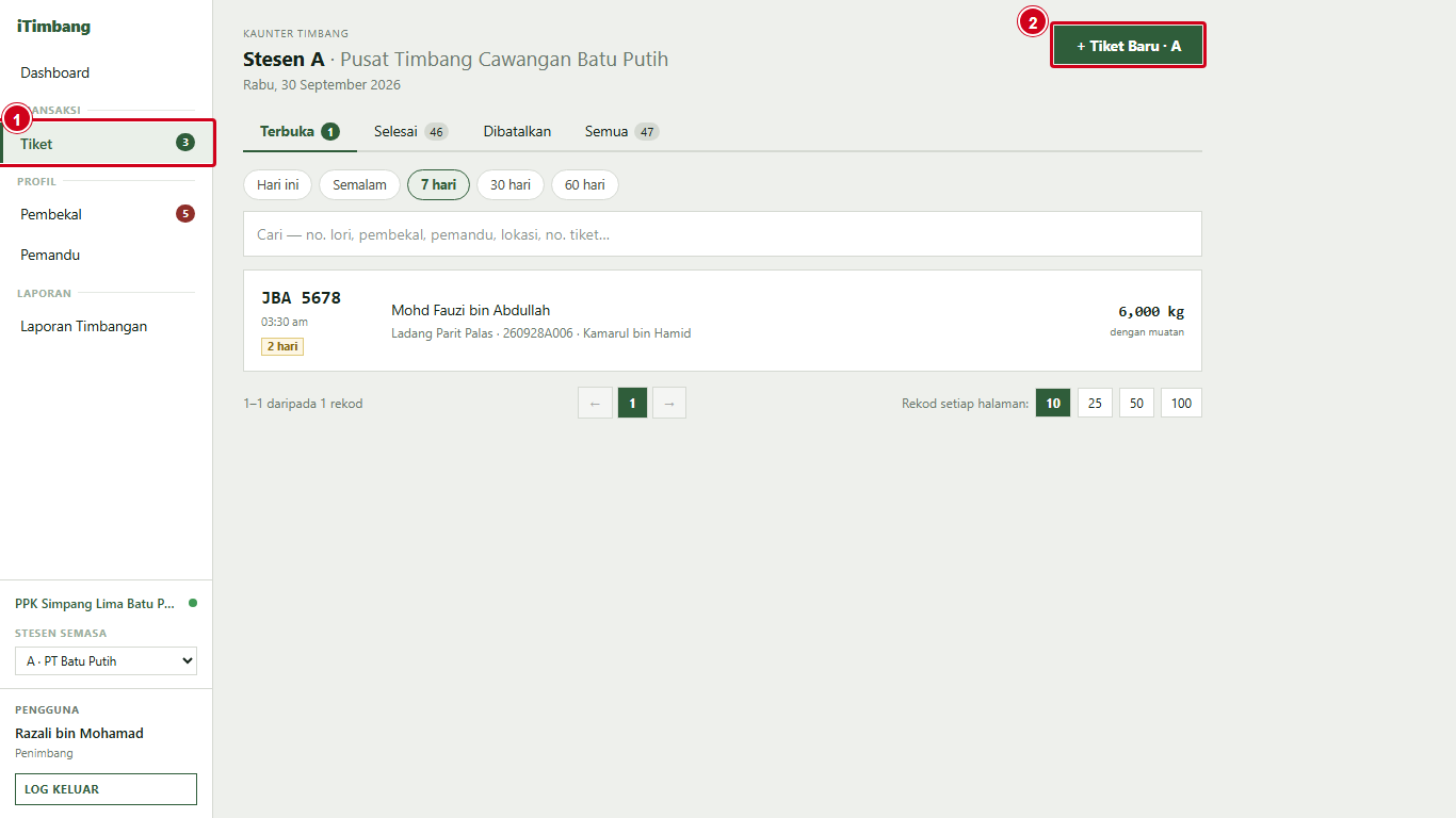 Skrin Tiket dengan tab Terbuka, Selesai, Dibatalkan, Semua dan butang Tiket Baru