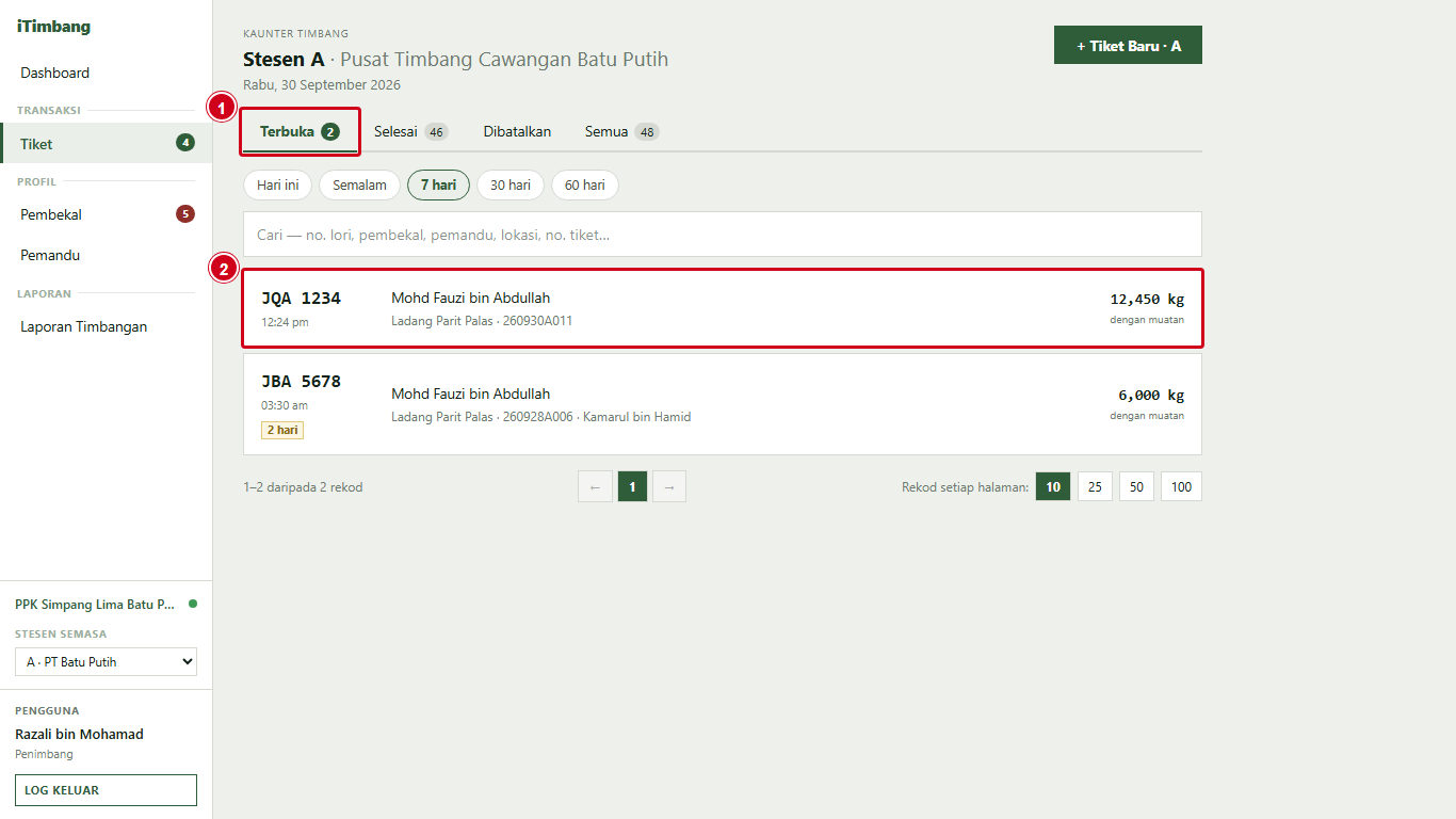 Tab Terbuka menunjukkan tiket JQA 1234 dengan berat dengan muatan