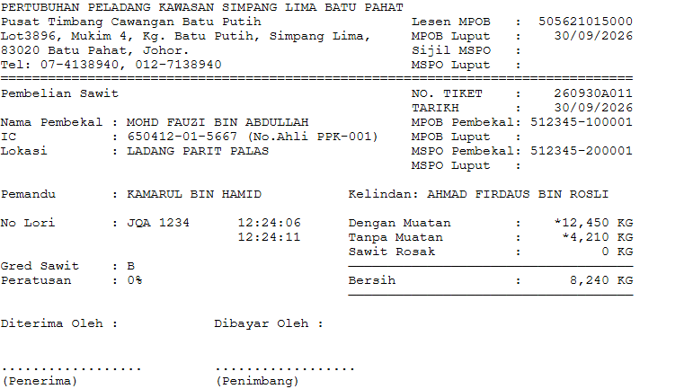 Slip timbang bercetak untuk contoh tiket