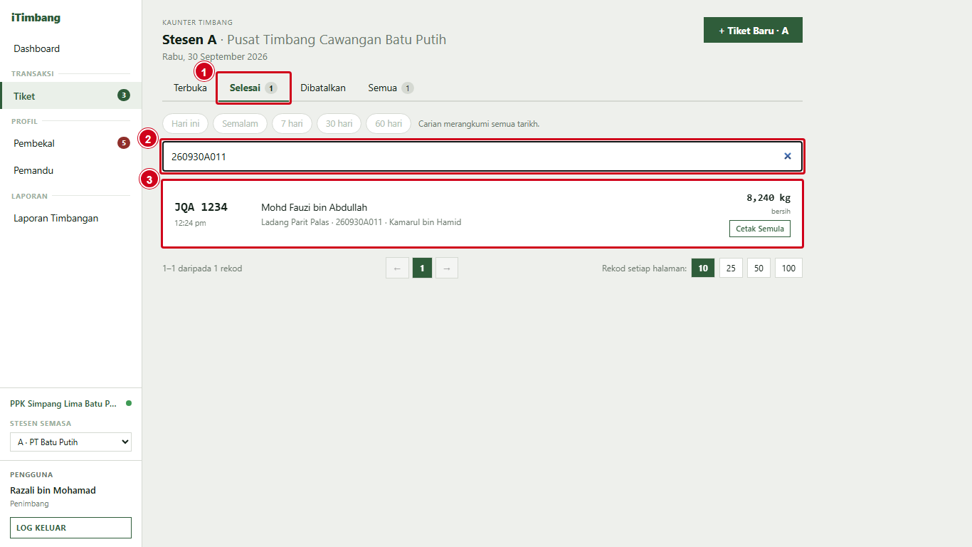 Tab Selesai dengan carian nombor tiket
