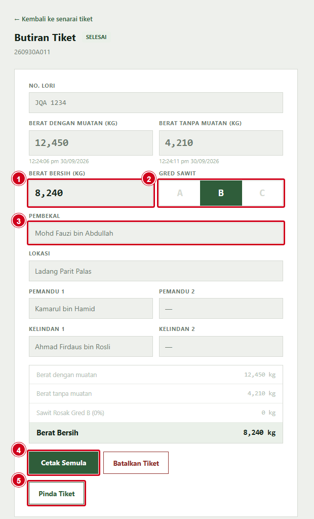 Butiran Tiket yang telah selesai dengan butang Cetak Semula, Batalkan Tiket dan Pinda Tiket